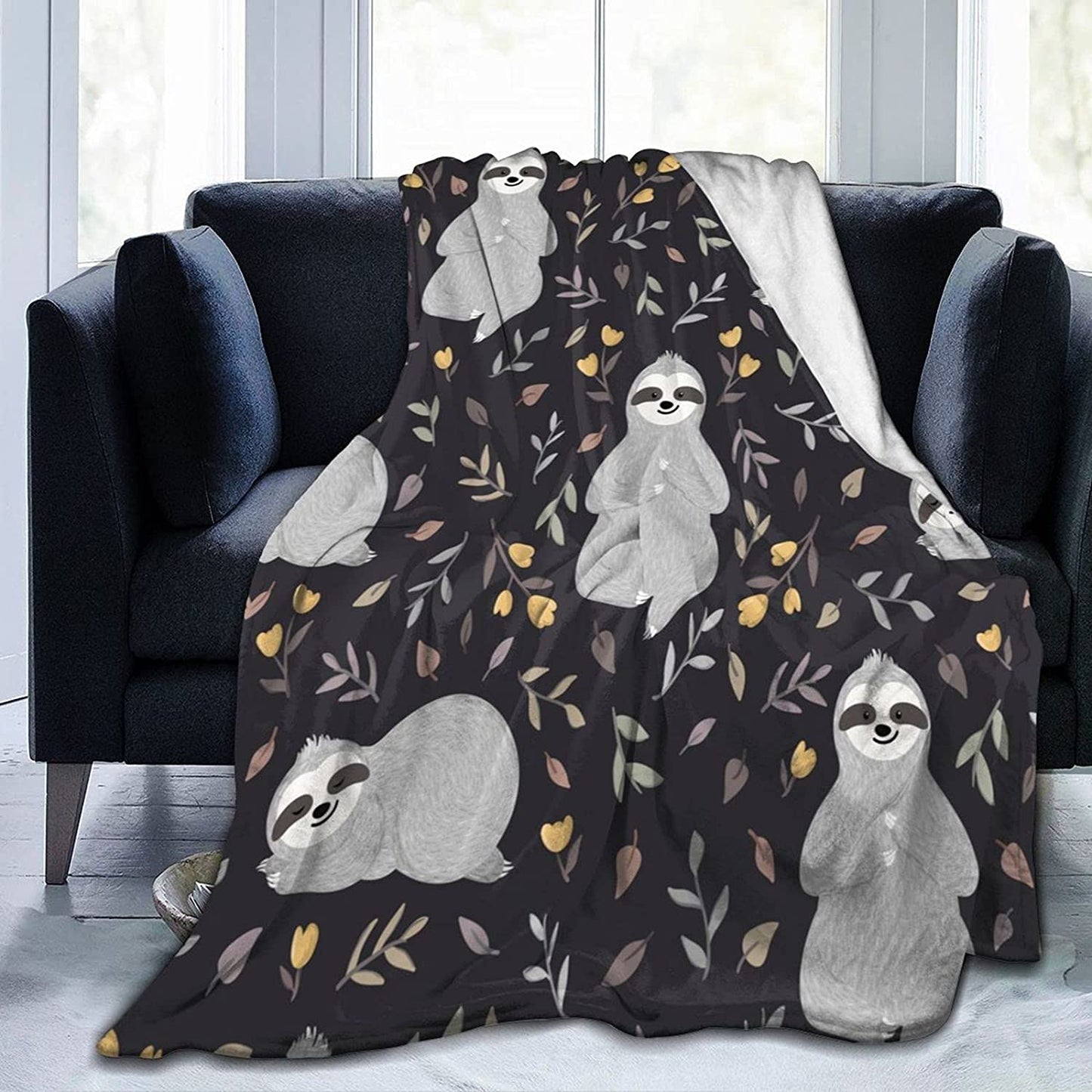 Adorable Sloths Flannel Throw Blanket Seamless Pattern with Cute Baby Sloths Relaxing among Flowers and Leaves Smooth and Soft Cozy Plush Blanket for Kids Adults Four Seasons Blankets 50"X40"