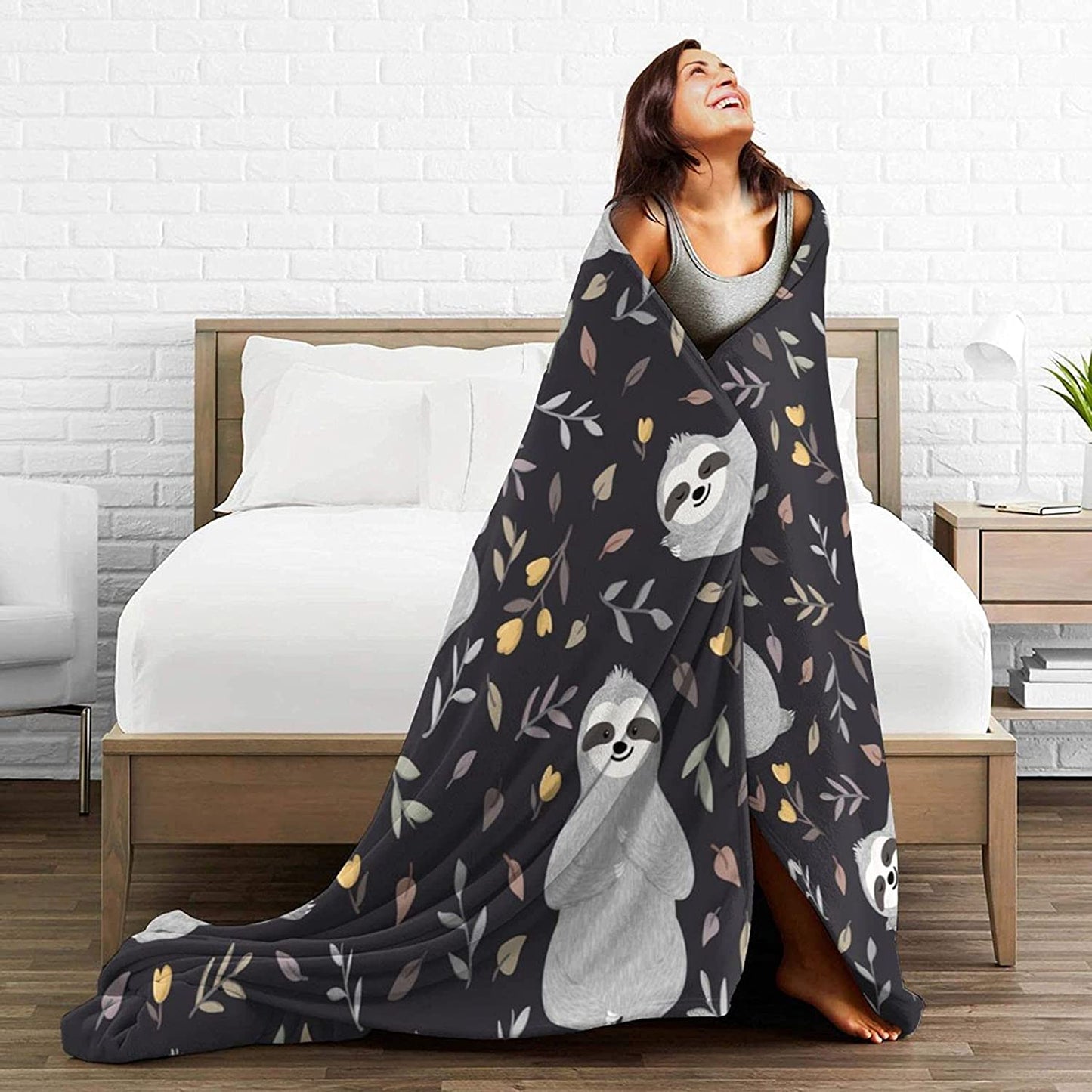 Adorable Sloths Flannel Throw Blanket Seamless Pattern with Cute Baby Sloths Relaxing among Flowers and Leaves Smooth and Soft Cozy Plush Blanket for Kids Adults Four Seasons Blankets 50"X40"