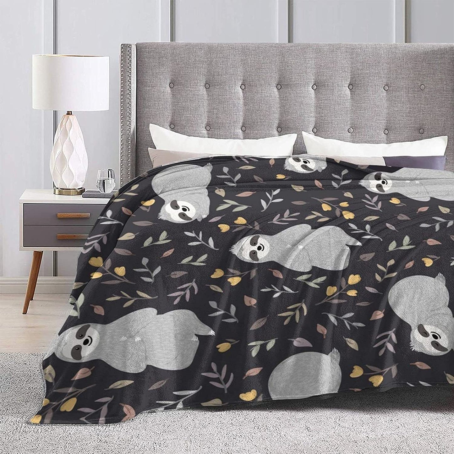 Adorable Sloths Flannel Throw Blanket Seamless Pattern with Cute Baby Sloths Relaxing among Flowers and Leaves Smooth and Soft Cozy Plush Blanket for Kids Adults Four Seasons Blankets 50"X40"